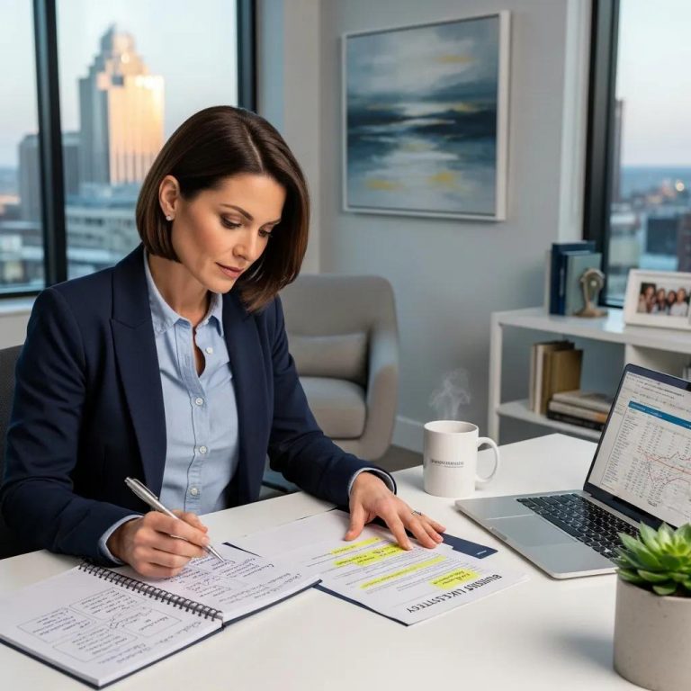 Business owner reviewing an exit plan document in an office setting