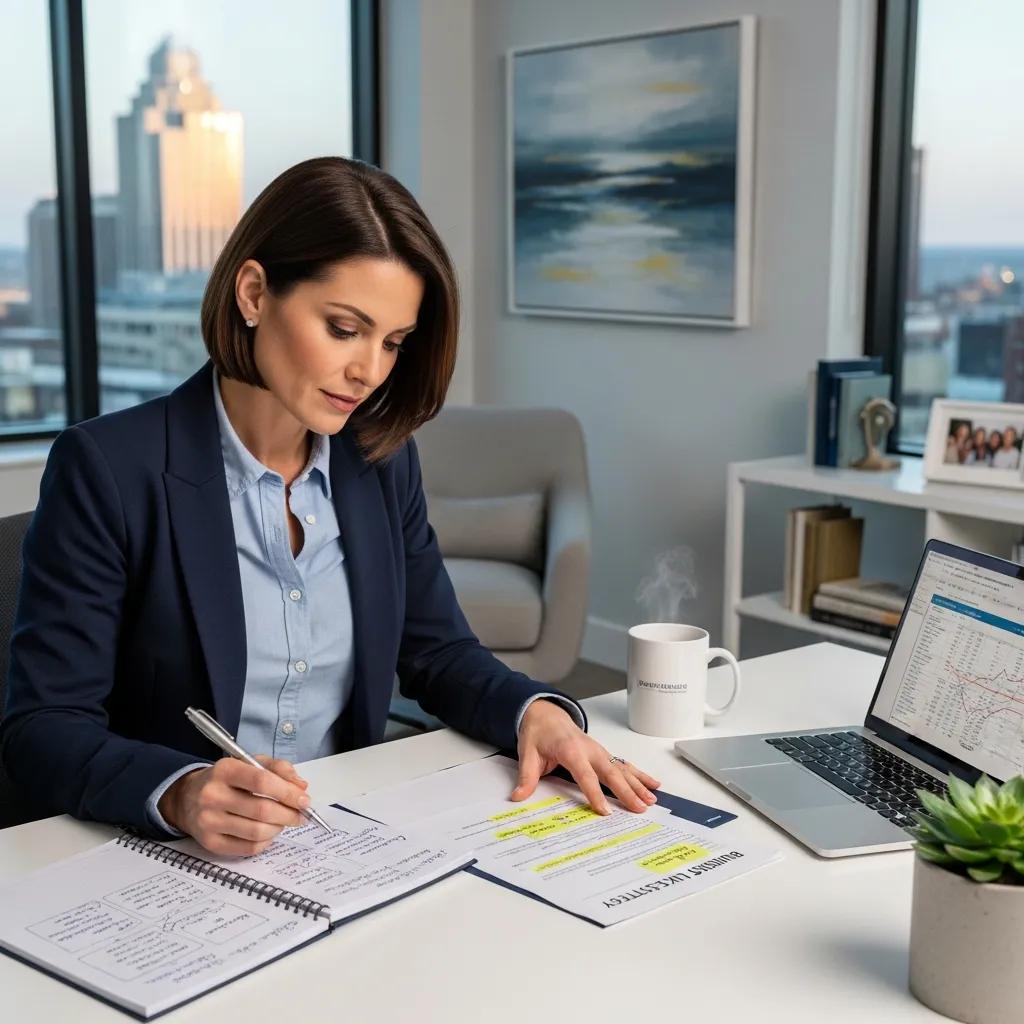 Business owner reviewing an exit plan document in an office setting