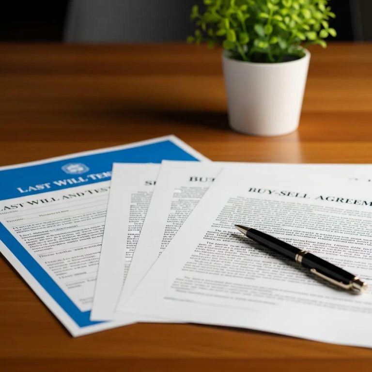 Stack of legal documents related to business succession planning on a desk