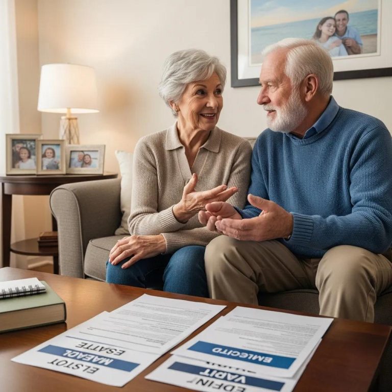 Older couple reviewing benefit options and estate planning documents in a comfortable living room