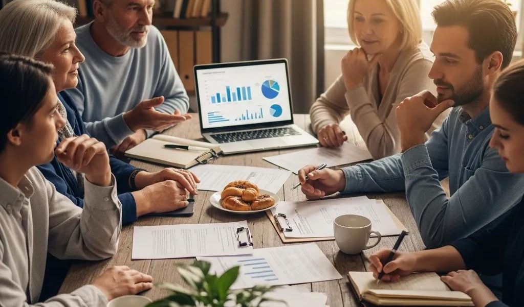 Family discussing business succession planning around a table with documents and a laptop