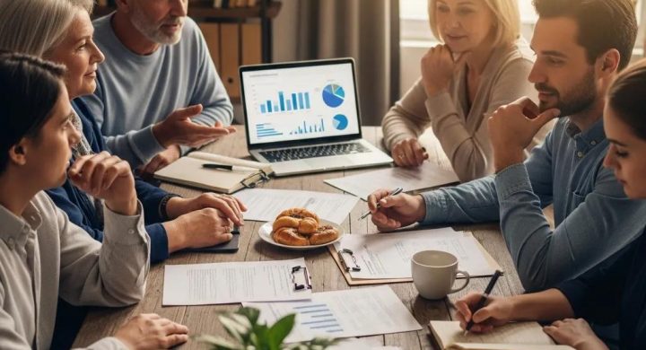 Family discussing business succession planning around a table with documents and a laptop