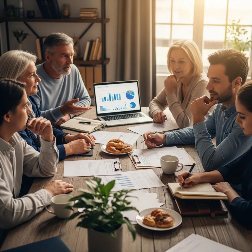 Family discussing business succession planning around a table with documents and a laptop