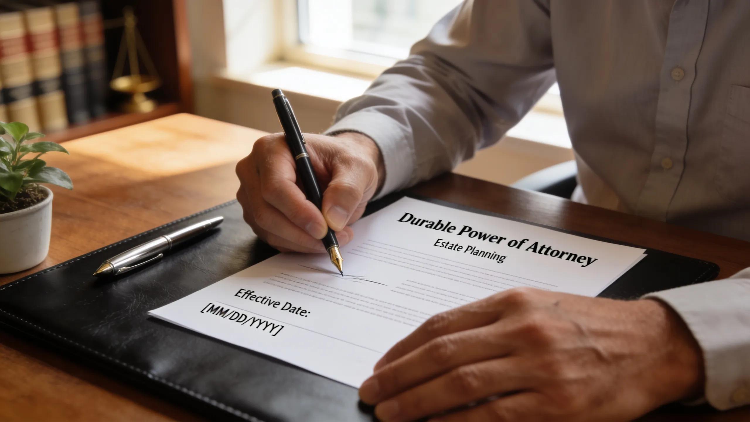 Individual signing a Durable Power of Attorney document for estate planning