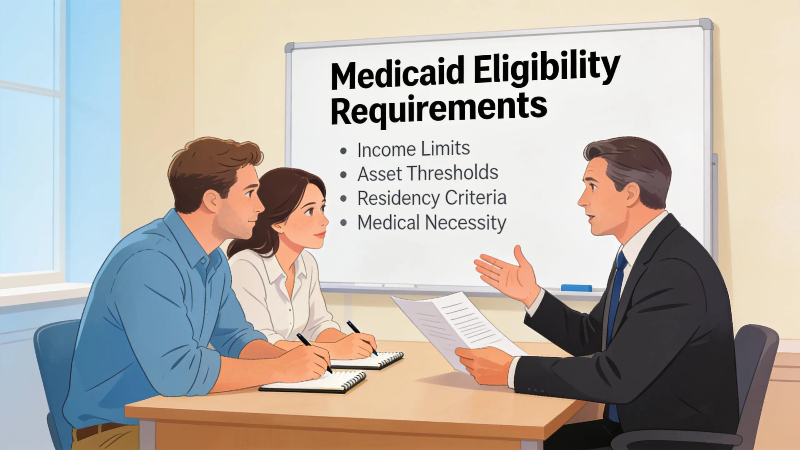 Legal advisor explaining Medicaid eligibility requirements to a couple