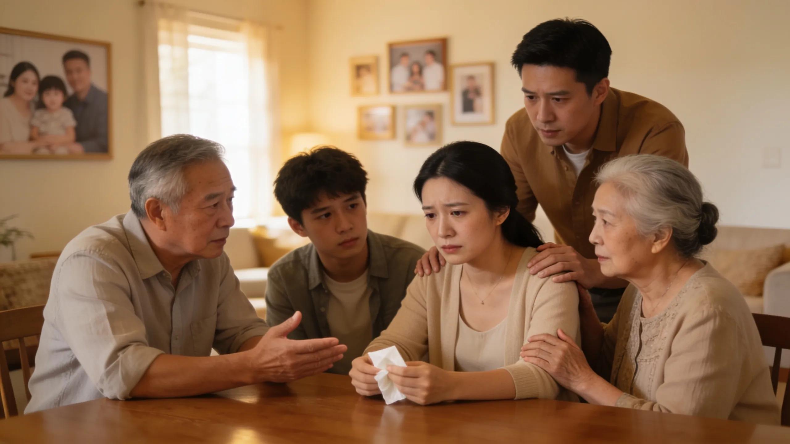 Engaged family members discussing guardianship decisions in a comforting home environment