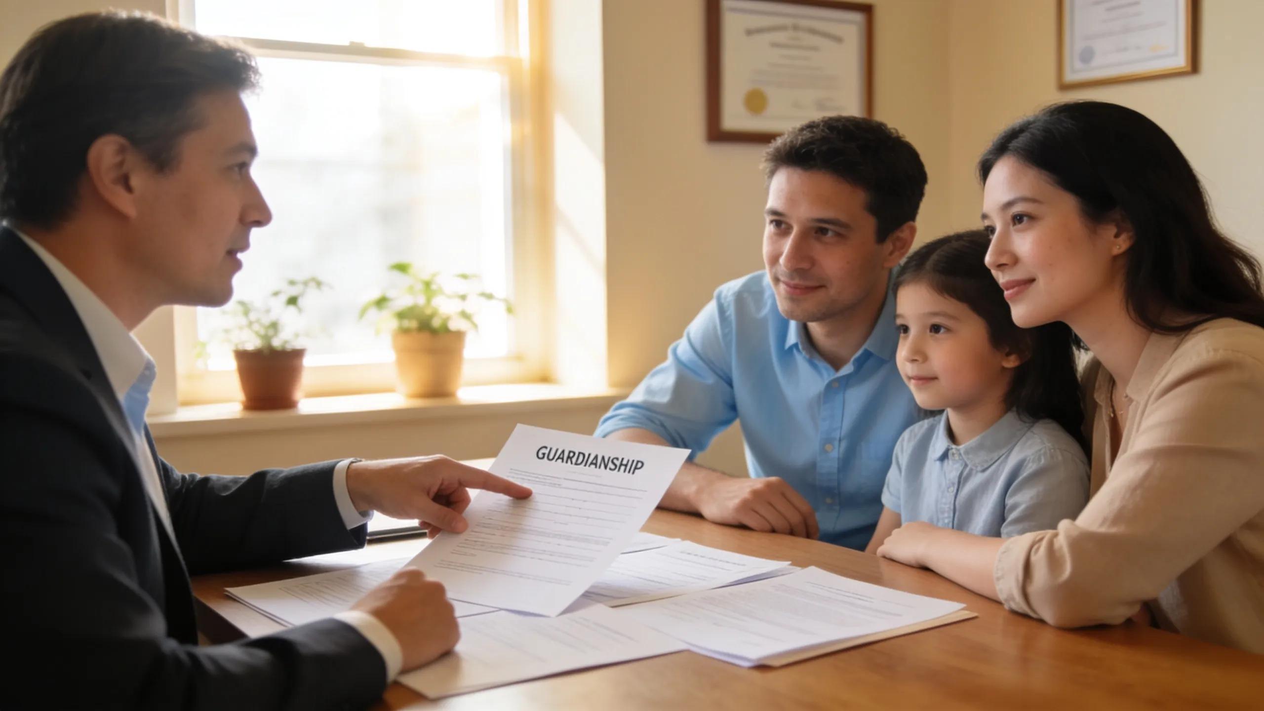 Legal professional assisting family with guardianship petition documents in a supportive setting
